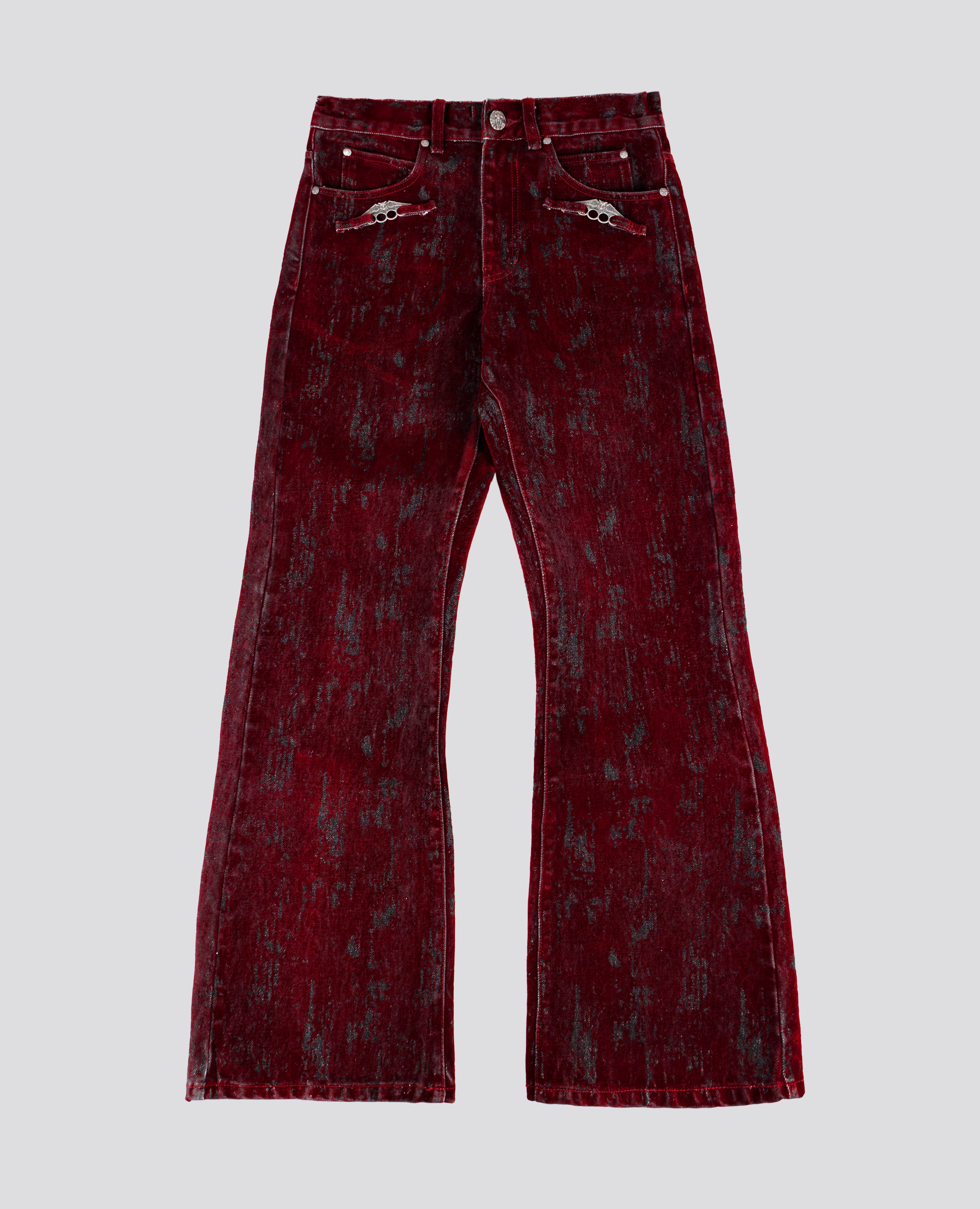 RED KNUCKLE BOOTCUT VELVET PANTS