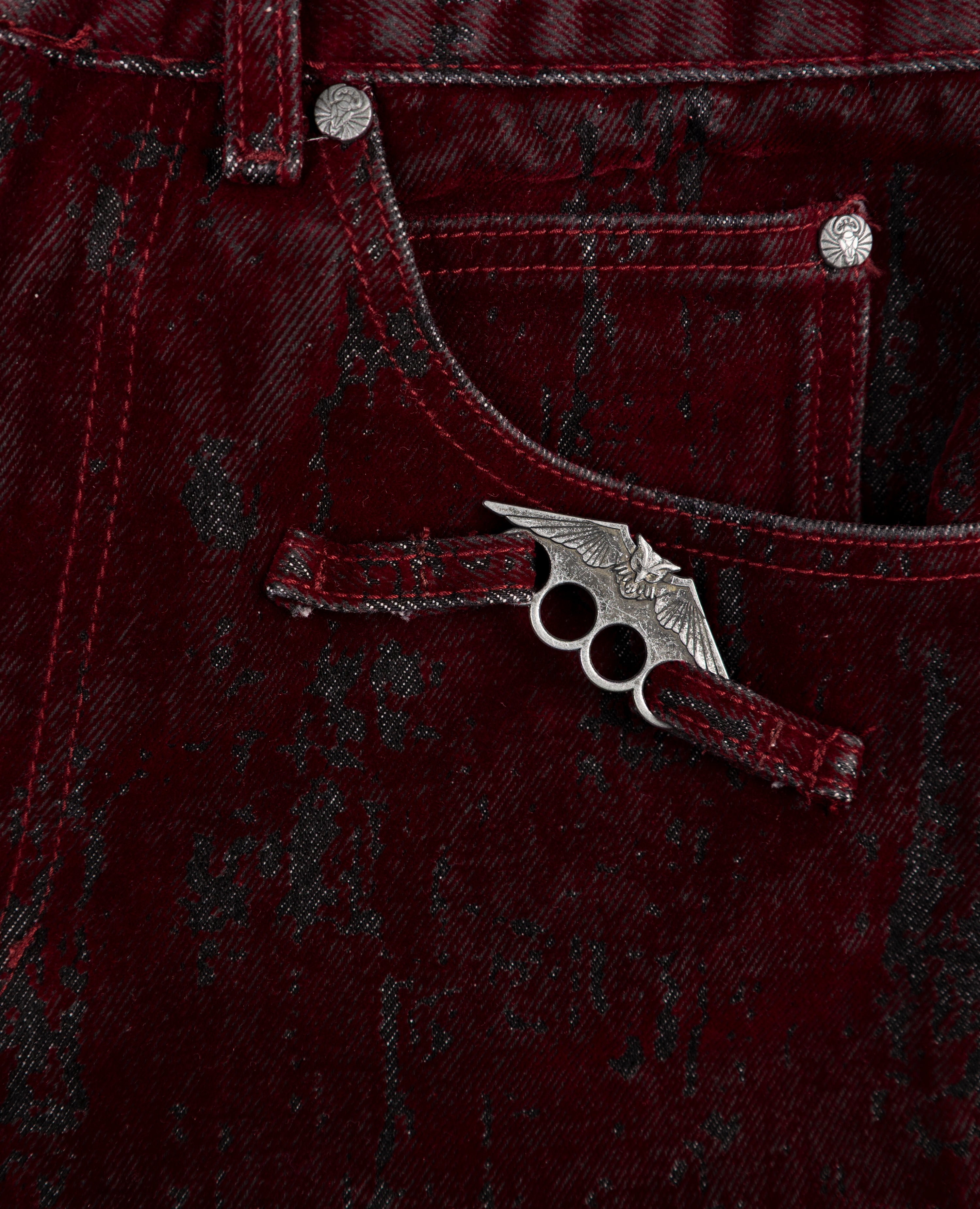 RED KNUCKLE BOOTCUT VELVET PANTS